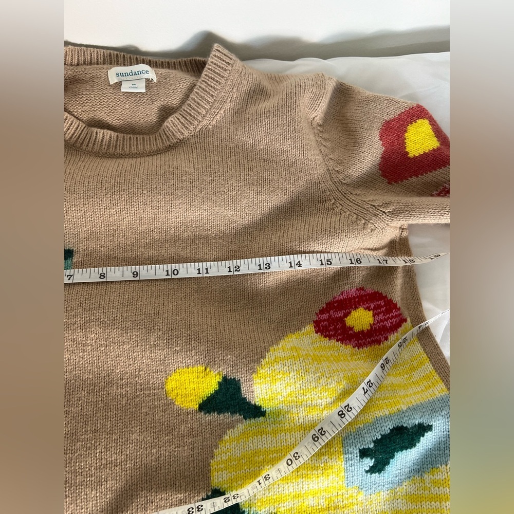 Sundance Winter Flowers Sweater Tan Floral Crewneck Lambswool Cashmere M - Picture 7 of 9